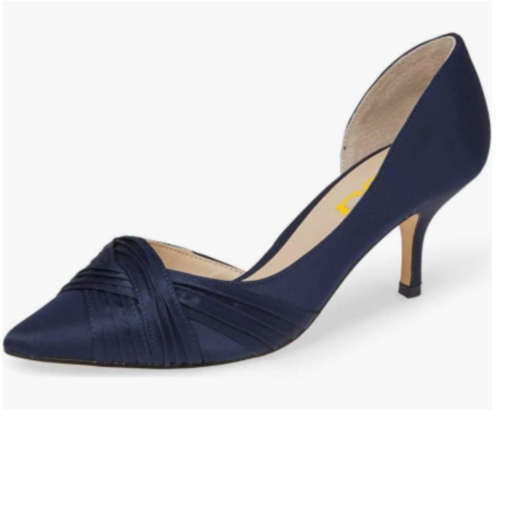 Fsj Navy Kitten Heels Pointed Toe Slip On Pumps D'orsay Pleated Satin Shoes